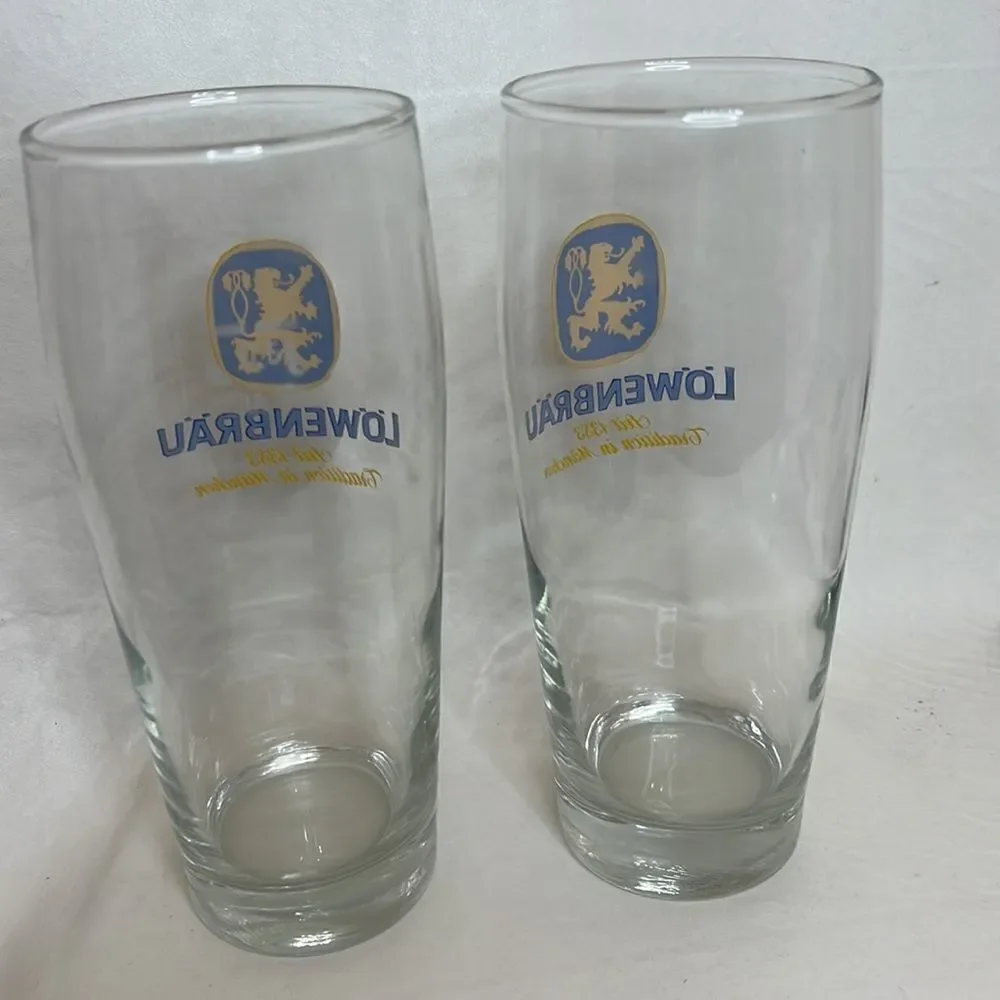 Lowenbrau Beer Glass 20 Oz Each Set 2 Included 7 1/4 Inches Tall 3 Inches Round